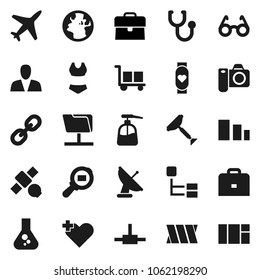 Flat vector icon set - scraper vector, liquid soap, glasses, case, flask, swimsuite, heart monitor, earth, plane, satellite, cargo, sorting, search, link, cross, stethoscope, bandage, connect