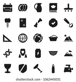 Flat vector icon set - scraper vector, vacuum cleaner, window cleaning, foam basin, plates, woman, colander, ladle, cookbook, jug, corner ruler, backpack, punching bag, enegry drink, glass, internet