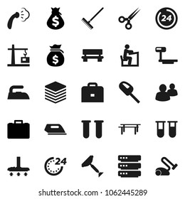 Flat vector icon set - scraper vector, vacuum cleaner, rake, iron, steaming, student, case, money bag, horizontal bar, big scales, group, vial, scissors, data, bench, construction crane, 24 hour
