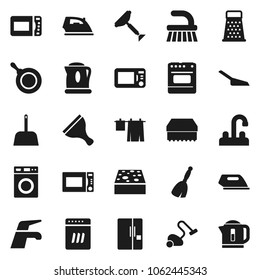 Flat vector icon set - scraper vector, broom, water tap, vacuum cleaner, fetlock, scoop, sponge, iron, drying clothes, washer, pan, grater, microwave oven, fridge, dishwasher, kettle