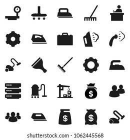Flat vector icon set - scraper vector, vacuum cleaner, rake, iron, steaming, student, case, money bag, big scales, group, data, gear, construction crane