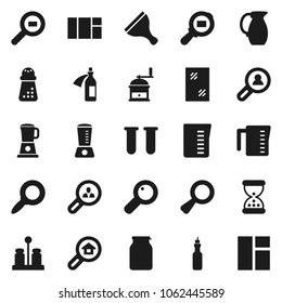 Flat vector icon set - scraper vector, window cleaning, measuring cup, hand mill, spices, jug, jar, oil, magnifier, cargo search, vial, sand clock, potion, estate, client, blender