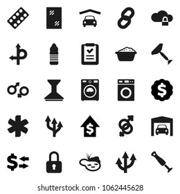 Flat vector icon set - scraper vector, car fetlock, window cleaning, washer, foam basin, exchange, dollar growth, medal, water bottle, route, ambulance star, gender sign, pills blister, cloud lock