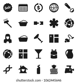 Flat vector icon set - scraper vector, vacuum cleaner, window cleaning, foam basin, agent, shining, woman, ladle, cookbook, jug, backpack, exchange, calendar, glass, internet, ambulance star, dna