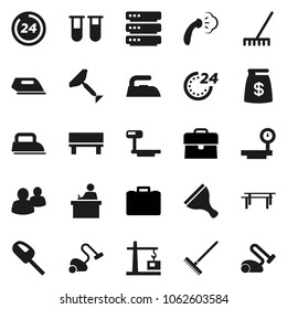 Flat vector icon set - scraper vector, vacuum cleaner, rake, iron, steaming, student, case, horizontal bar, big scales, group, vial, data, bench, construction crane, money bag, 24 hour