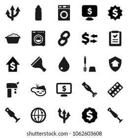Flat vector icon set - scraper vector, water drop, toilet brush, washer, foam basin, blender, exchange, dollar growth, medal, monitor, bottle, internet, pills blister, chain, route arrow, pond