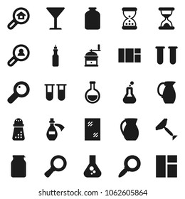 Flat vector icon set - scraper vector, window cleaning, hand mill, jug, jar, oil, magnifier, flask, glass, vial, sand clock, potion, search estate, client