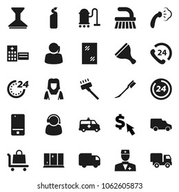 Flat vector icon set - scraper vector, vacuum cleaner, fetlock, car, window cleaning, steaming, agent, shining, woman, dollar cursor, phone 24, support, mobile, doctor, hospital building, amkbulance
