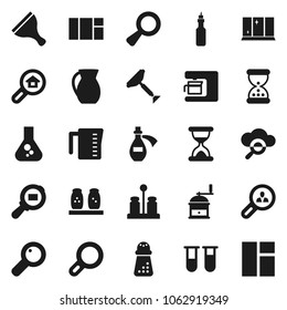 Flat vector icon set - scraper vector, shining window, measuring cup, hand mill, spices, jug, oil, flask, cargo search, vial, magnifier, sand clock, potion, cloud glass, estate, client, coffee maker