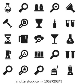 Flat vector icon set - scraper vector, shining window, measuring cup, hand mill, spices, oil, magnifier, flask, glass, cargo search, vial, sand clock, cloud, estate, client, blender