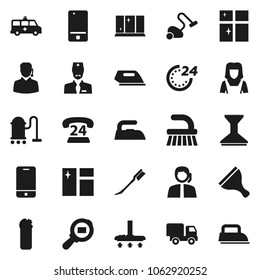 Flat vector icon set - scraper vector, vacuum cleaner, fetlock, car, window cleaning, iron, agent, shining, woman, phone 24, support, cargo search, mobile, amkbulance, doctor, hour, delivery