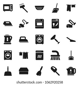 Flat vector icon set - scraper vector, broom, vacuum cleaner, fetlock, scoop, sponge, drying clothes, washer, kettle, colander, microwave oven, iron, dishwasher