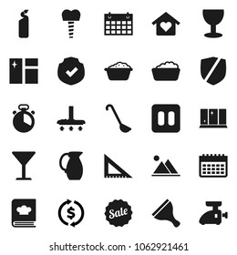 Flat vector icon set - scraper vector, vacuum cleaner, window cleaning, foam basin, agent, shining, cook timer, ladle, cookbook, jug, corner ruler, exchange, calendar, glass, protected, pause button