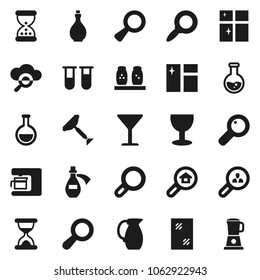 Flat vector icon set - scraper vector, window cleaning, shining, oil, spices, jug, magnifier, flask, glass, vial, sand clock, potion, cloud, search estate, client, coffee maker, blender