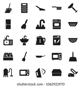 Flat vector icon set - scraper vector, broom, vacuum cleaner, fetlock, scoop, sponge, steaming, sink, water tap, pan, kettle, colander, grater, microwave oven, fridge, dishwasher