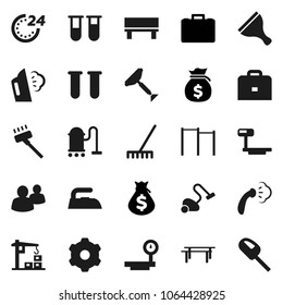 Flat vector icon set - scraper vector, vacuum cleaner, rake, iron, steaming, case, money bag, horizontal bar, big scales, group, vial, gear, bench, construction crane, 24 hour