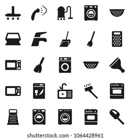 Flat vector icon set - scraper vector, broom, water tap, vacuum cleaner, scoop, sponge, steaming, washer, sink, colander, grater, microwave oven, dishwasher