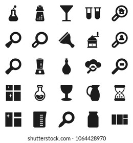 Flat vector icon set - scraper vector, window cleaning, oil, measuring cup, hand mill, jug, jar, magnifier, flask, glass, cargo search, vial, sand clock, cloud, estate, client, blender