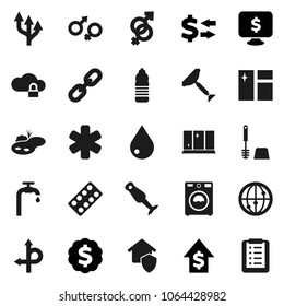 Flat vector icon set - scraper vector, water drop, window cleaning, toilet brush, washer, shining, blender, exchange, dollar growth, medal, monitor, bottle, route, internet, ambulance star, chain