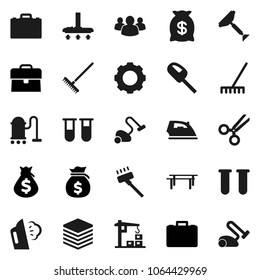 Flat vector icon set - scraper vector, vacuum cleaner, rake, iron, steaming, case, money bag, horizontal bar, group, vial, scissors, big data, gear, construction crane