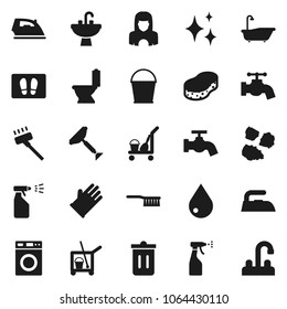 Flat vector icon set - scraper vector, cleaner trolley, vacuum, bucket, sponge, trash bin, water drop, tap, shining, welcome mat, iron, bath, toilet, washer, sprayer, rubber glove, sink
