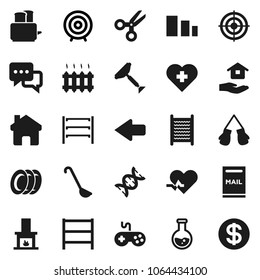Flat vector icon set - scraper vector, washboard, plates, house hold, ladle, toaster, scissors, flask, target, boxing glove, heart cross, sorting, shelving, gamepad, dialog, pulse, dna, home, arrow
