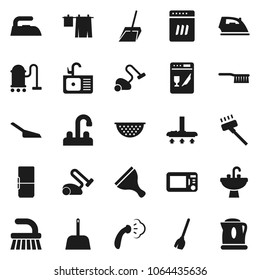Flat vector icon set - scraper vector, broom, vacuum cleaner, scoop, iron, steaming, drying clothes, sink, water tap, colander, fridge, dishwasher, microwave oven, kettle
