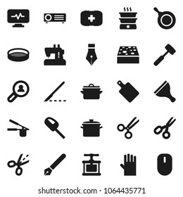 Flat vector icon set - scraper vector, sponge, rubber glove, pan, cook press, meat hammer, cutting board, sieve, pen, scissors, first aid kit, scalpel, diagnostic monitor, client search, coupon