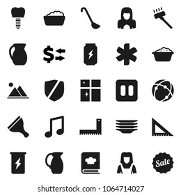 Flat vector icon set - scraper vector, vacuum cleaner, foam basin, plates, shining window, woman, ladle, cookbook, jug, corner ruler, music, exchange, enegry drink, protected, pause button, mountain