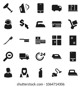 Flat vector icon set - scraper vector, vacuum cleaner, fetlock, car, window cleaning, iron, steaming, agent, shining, woman, dollar cursor, delivery, cargo search, mobile phone, hospital building