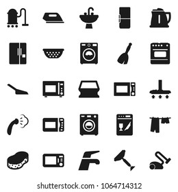Flat vector icon set - scraper vector, broom, water tap, vacuum cleaner, scoop, sponge, steaming, drying clothes, washer, sink, kettle, colander, microwave oven, fridge, iron, dishwasher