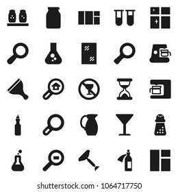 Flat vector icon set - scraper vector, window cleaning, shining, hand mill, spices, jug, jar, oil, magnifier, flask, no alcohol sign, glass, cargo search, vial, sand clock, potion, estate