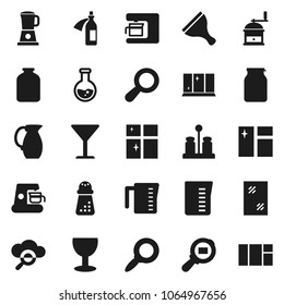 Flat vector icon set - scraper vector, window cleaning, shining, measuring cup, hand mill, spices, jug, jar, magnifier, flask, glass, cargo search, potion, cloud, coffee maker, blender