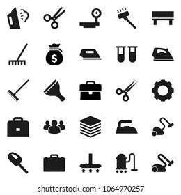 Flat vector icon set - scraper vector, vacuum cleaner, rake, iron, steaming, case, money bag, big scales, group, vial, scissors, data, gear, bench