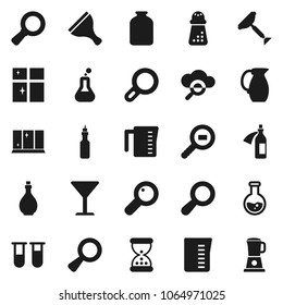 Flat vector icon set - scraper vector, shining window, oil, measuring cup, hand mill, jug, jar, magnifier, flask, glass, cargo search, vial, sand clock, potion, cloud, blender