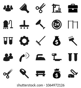 Flat vector icon set - scraper vector, vacuum cleaner, rake, iron, steaming, money bag, case, horizontal bar, big scales, group, vial, scissors, gear, bench, construction crane, 24 hour