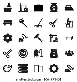 Flat vector icon set - scraper vector, vacuum cleaner, rake, student, case, horizontal bar, group, scissors, big data, gear, bench, construction crane, money bag, 24 hour, iron