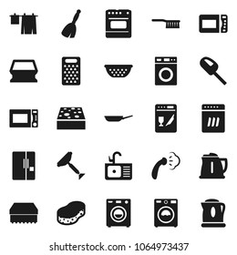 Flat vector icon set - scraper vector, broom, fetlock, sponge, steaming, drying clothes, washer, sink, pan, kettle, colander, grater, microwave oven, fridge, dishwasher, vacuum cleaner
