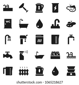 Flat vector icon set - scraper vector, sponge, water drop, tap, bath, sprayer, closet, kettle, measuring cup, enegry drink, pond, pool, supply, heating, dishwasher, double boiler