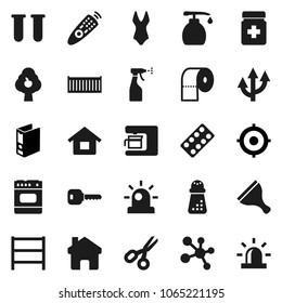 Flat Vector Icon Set - Scraper Vector, Liquid Soap, Sprayer, Toilet Paper, Hand Mill, Scissors, Target, Binder, Swimsuite, Molecule, Sea Container, Shelving, Remote Control, Vial, Pills Bottle, Home