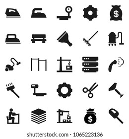 Flat vector icon set - scraper vector, vacuum cleaner, rake, iron, steaming, student, money bag, horizontal bar, big scales, scissors, data, gear, bench, construction crane