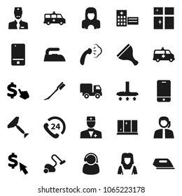 Flat vector icon set - scraper vector, vacuum cleaner, car fetlock, iron, steaming, shining window, woman, dollar cursor, phone 24, support, mobile, doctor, hospital building, amkbulance, delivery