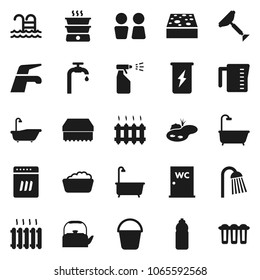 Flat vector icon set - scraper vector, water tap, bucket, sponge, bath, foam basin, sprayer, shower, closet, kettle, measuring cup, enegry drink, bottle, pool, pond, supply, heating, dishwasher