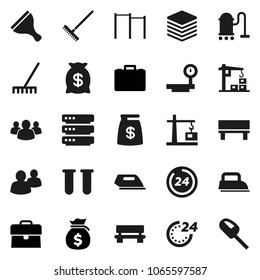 Flat vector icon set - scraper vector, vacuum cleaner, rake, money bag, case, horizontal bar, big scales, group, vial, data, bench, construction crane, 24 hour, iron