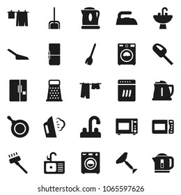 Flat vector icon set - scraper vector, broom, vacuum cleaner, scoop, iron, steaming, drying clothes, washer, sink, water tap, pan, kettle, grater, microwave oven, fridge, dishwasher