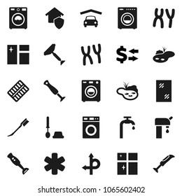 Flat vector icon set - scraper vector, car fetlock, window cleaning, toilet brush, washer, shining, blender, exchange, route, ambulance star, pills blister, chromosomes, pond, water supply, garage