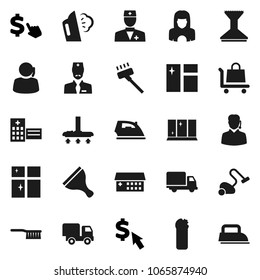 Flat vector icon set - scraper vector, vacuum cleaner, fetlock, car, window cleaning, iron, steaming, agent, shining, woman, dollar cursor, support, delivery, doctor, hospital building, trolley