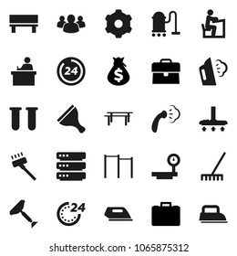 Flat vector icon set - scraper vector, vacuum cleaner, rake, steaming, student, money bag, case, horizontal bar, big scales, group, vial, data, gear, bench, 24 hour, iron