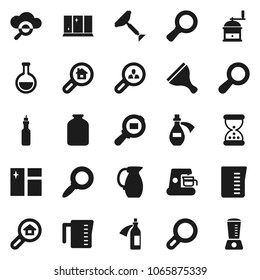 Flat vector icon set - scraper vector, window cleaning, shining, measuring cup, hand mill, jug, jar, oil, magnifier, cargo search, flask, sand clock, potion, cloud glass, estate, client, blender