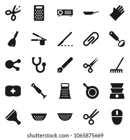 Flat vector icon set - scraper vector, broom, rake, rubber glove, pan, colander, cook press, ladle, grater, pen, first aid kit, social media, scissors, scalpel, stethoscope, attachment, coupon